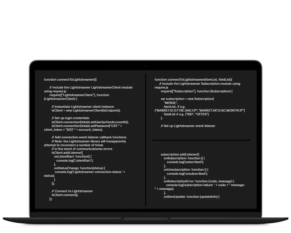 Laptop mit Programmcode für die Entwicklung einer DMA-Plattform mithilfe einer API.