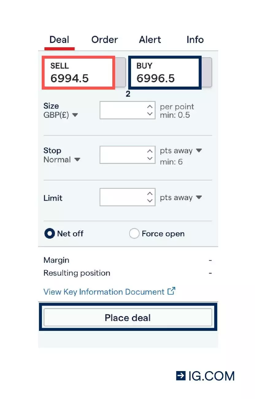 A screenshot of the deal ticket on the IG platform that shows where to click if you want to go long and where to click if you want to go short.