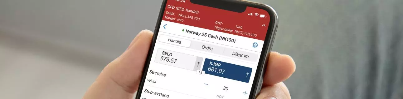 Bilde av mobil som viser en CFD-handel av Norway 25 Cash fra IGs app.