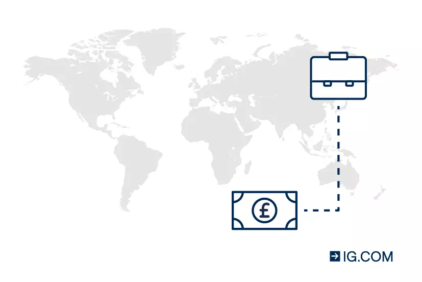 Image of a greyed-out map of the world with a briefcase on it. A line extends downward from the briefcase where there’s a bill of money.