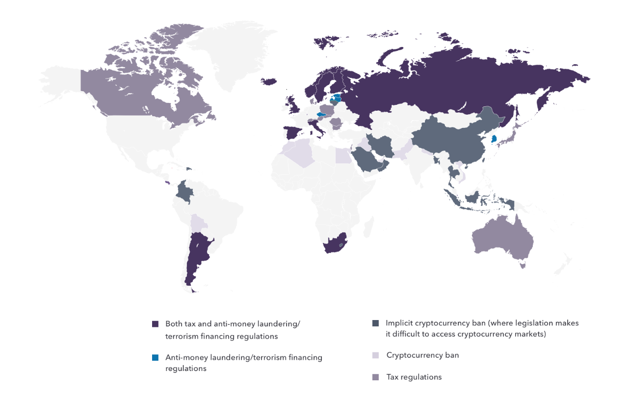 World map: cryptocurrency regulation